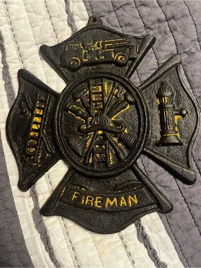 Cast Iron Firefighter Maltese Cross Wall Decor - Black & Yellow
